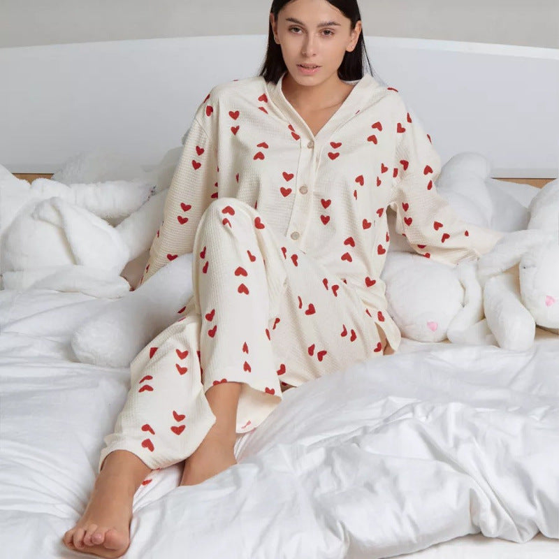 Femme Cozy Hjerte Tryk Loungewear Sæt Stilla