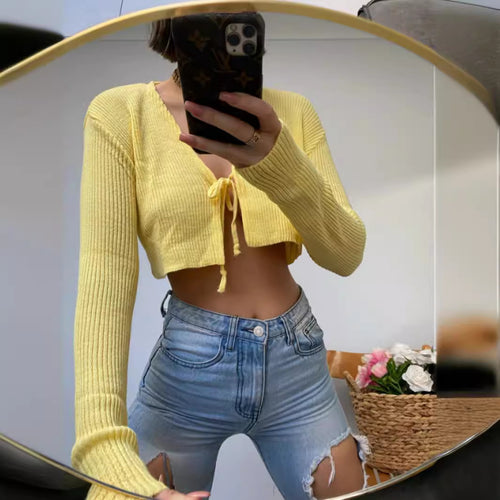 Damer afslappet cropped strik top med bindebånd Stilla