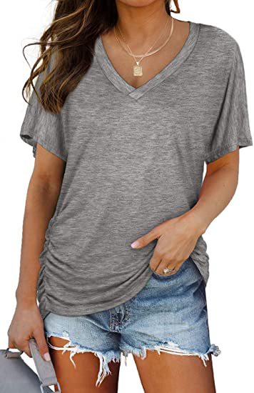 Dame afslappet V-hals T-shirt med rynker Stilla