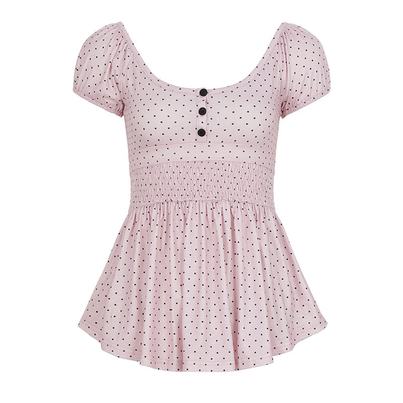 Dame Legende Polka Dots Top med Rynker og Knaplukning Skovae