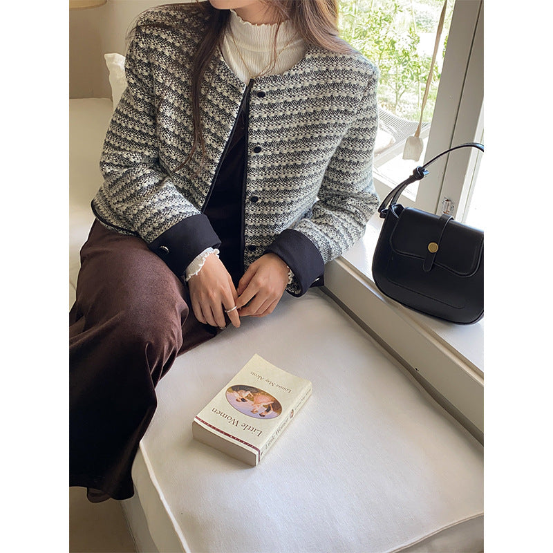 Dame fashionable jakke i tweed look med rund hals Stilla