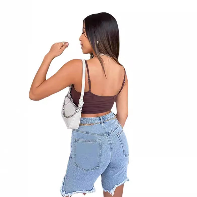 Dame Løse Denim Shorts med frynset kanter og høj talje Stilla