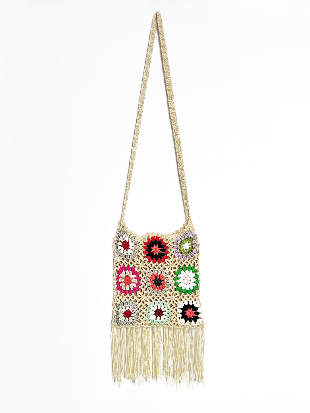 Dame hæklede skuldertaske med farverige blomstermønstre og frynser Skovae