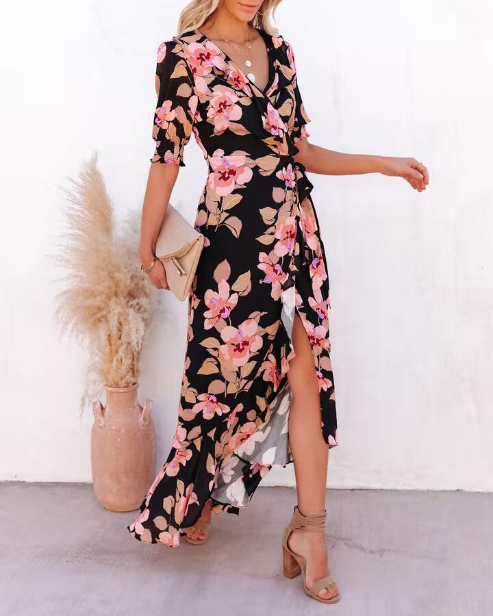 Dame Blomster Wrap Maxi Kjole Stilla