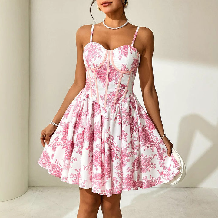 Dame blomsterkjole med corset-top og svingende skirt Skovae