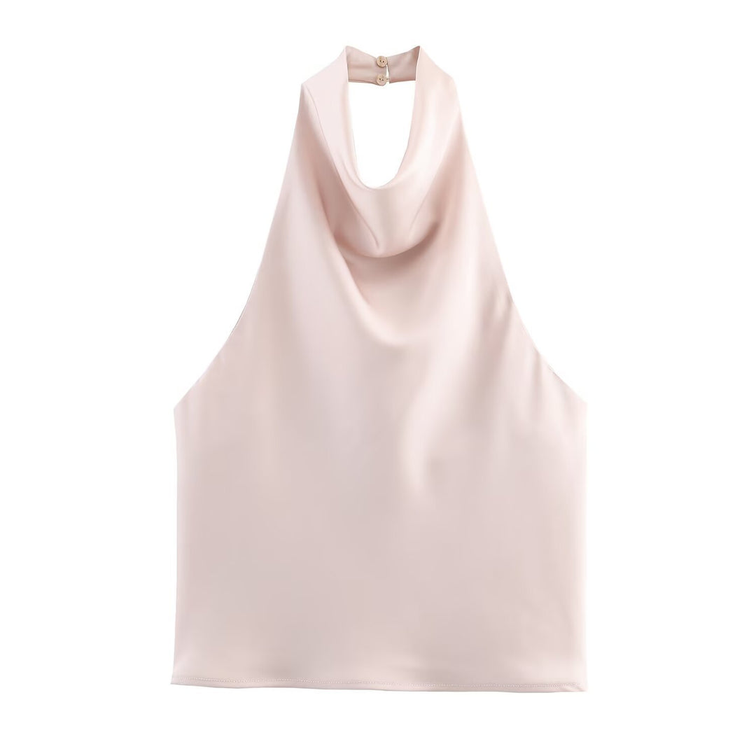 Dame elegant halterneck top med flydende snit og dekorative detaljer Skovae