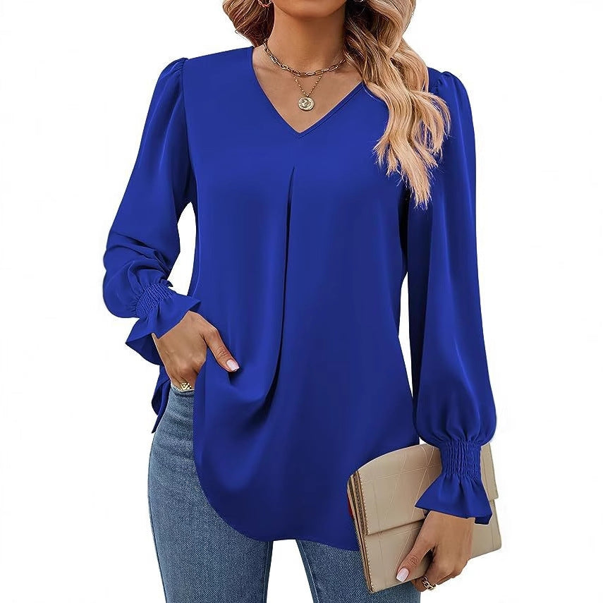 Dame Elegant Bluse med V-udskæring og Pufærmer Stilla