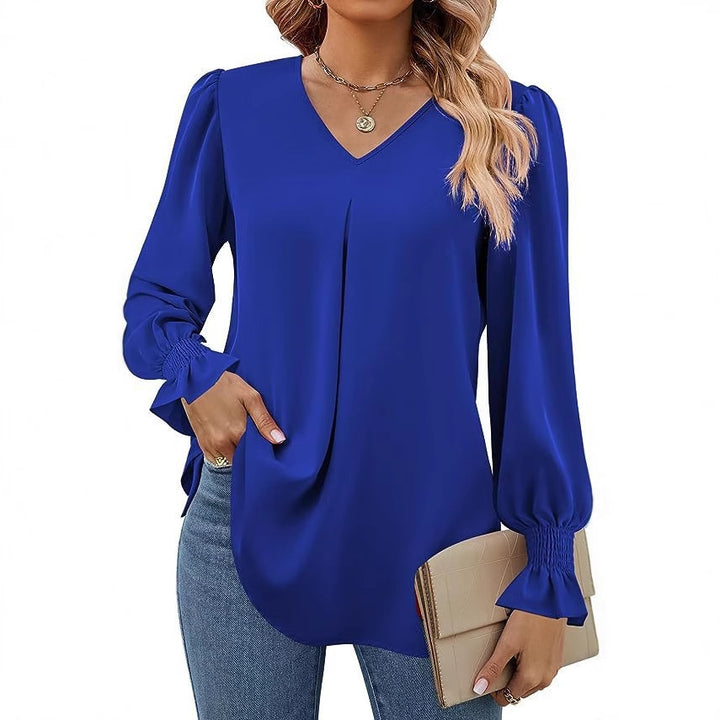 Dame Elegant Bluse med V-udskæring og Pufærmer Stilla