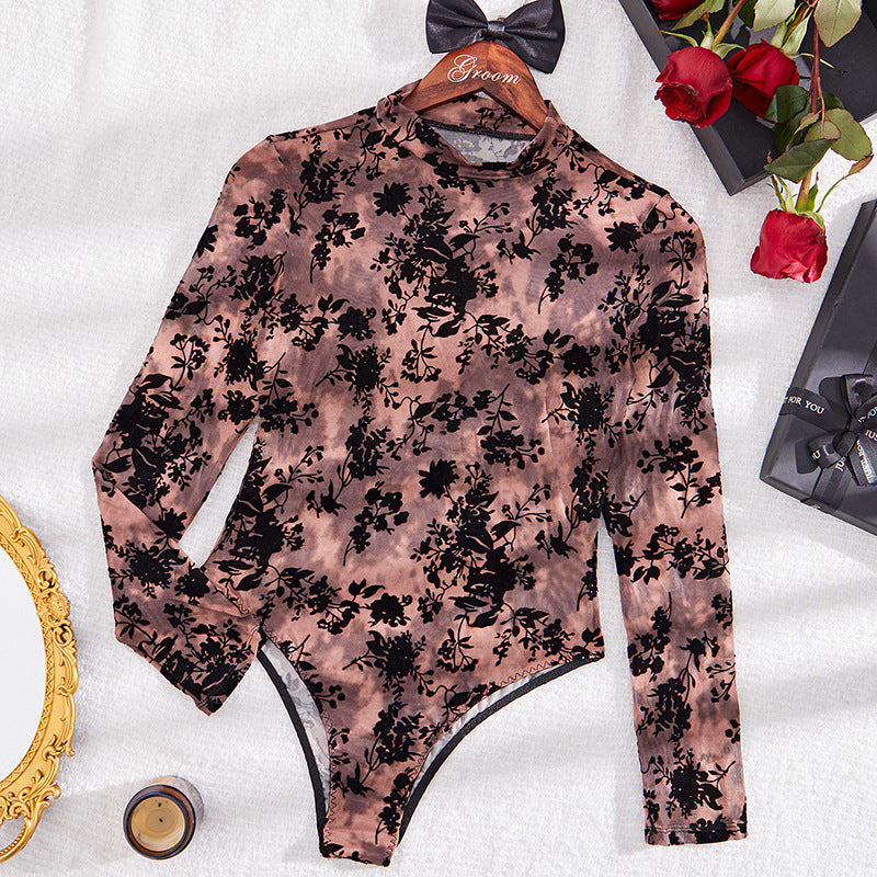 Dame Langærmet Bodystocking med blomstret Velvetdesign Stilla