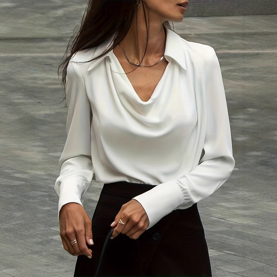 Dame elegant bluse med dyb vandfaldudskæring og lange ærmer Stilla
