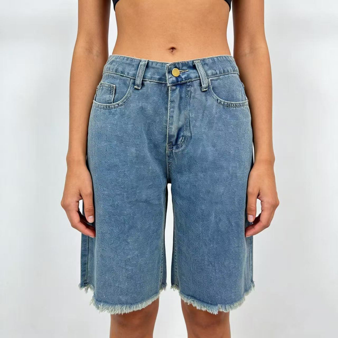 Dame afslappede denim-shorts med frayed kanter og høj talje Skovae