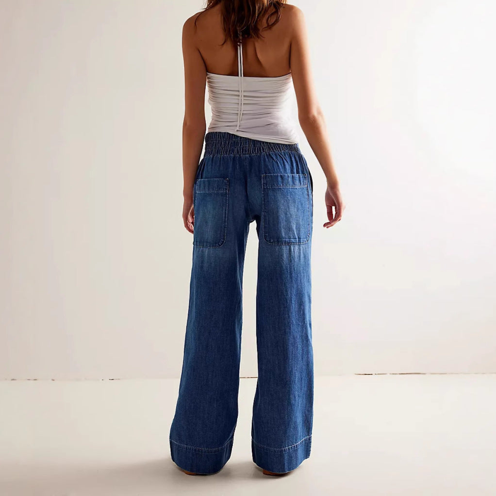 Dame bred denim-stretchbukser med høje lommer og elastisk talje Stilla