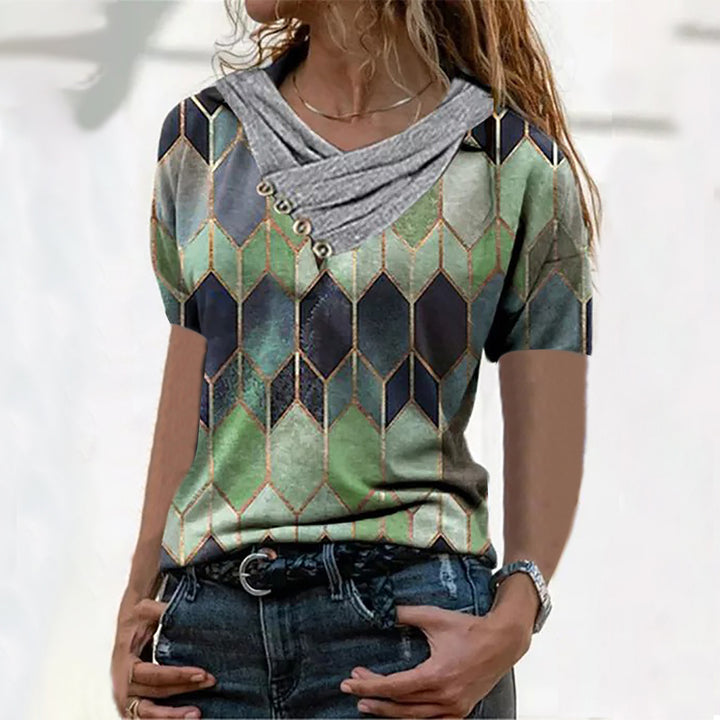 Dame Designer T-shirt med stilfuld krave og usædvanligt mønster Stilla