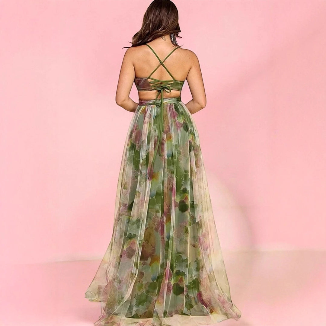 Dames maxi kjole med blomster chiffon design og elegant bælte