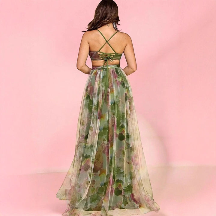 Dames maxi kjole med blomster chiffon design og elegant bælte