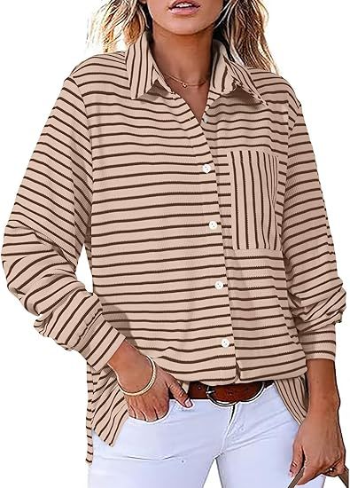 Damer Casual Stribet Bluse med Lomme og Knapstolpe Stilla