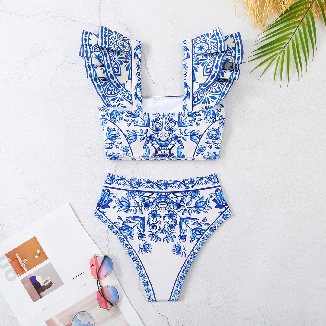 Dame bikini sæt med dekorative flæseærmer og floralt design Stilla