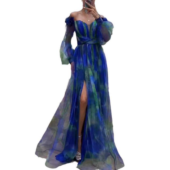 Kvinders Off-Shoulder Maxi Kjole med Blomsterdesign og Gennemsigtige Flæse Detaljer