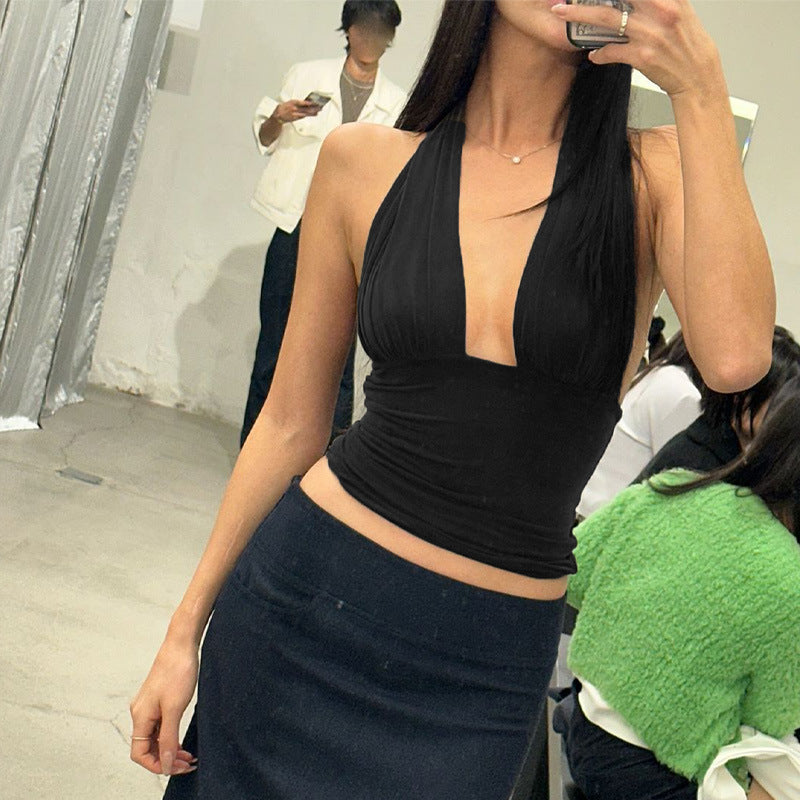 Dame Elegant Crop-Top med dyb V-udskæring og indpakningsdetaljer Skovae