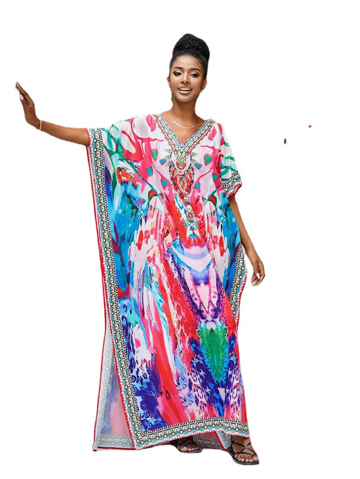 Dame Strandkaftan med kunstnerisk mønster og elegante dekorationer Stilla
