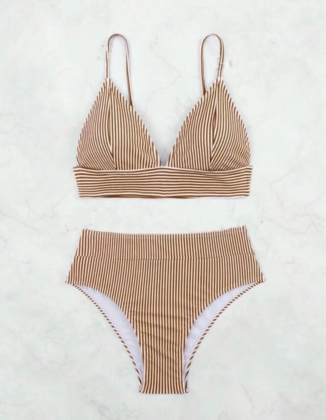 Dame Højskåret Bikini med elegant stribemønster Skovae
