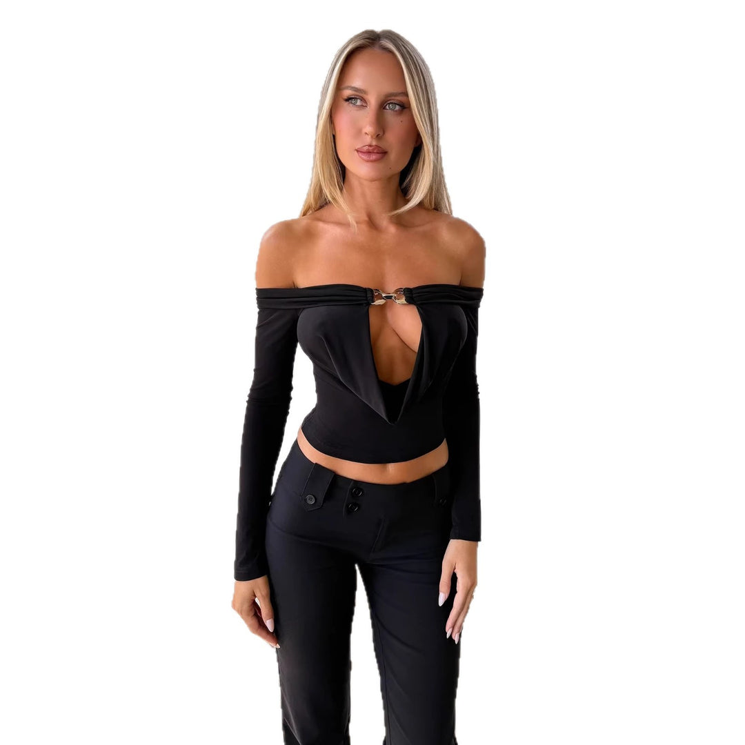 Dame Off-Shoulder Bluse med dekorativ udskæring og lange ærmer Skovae
