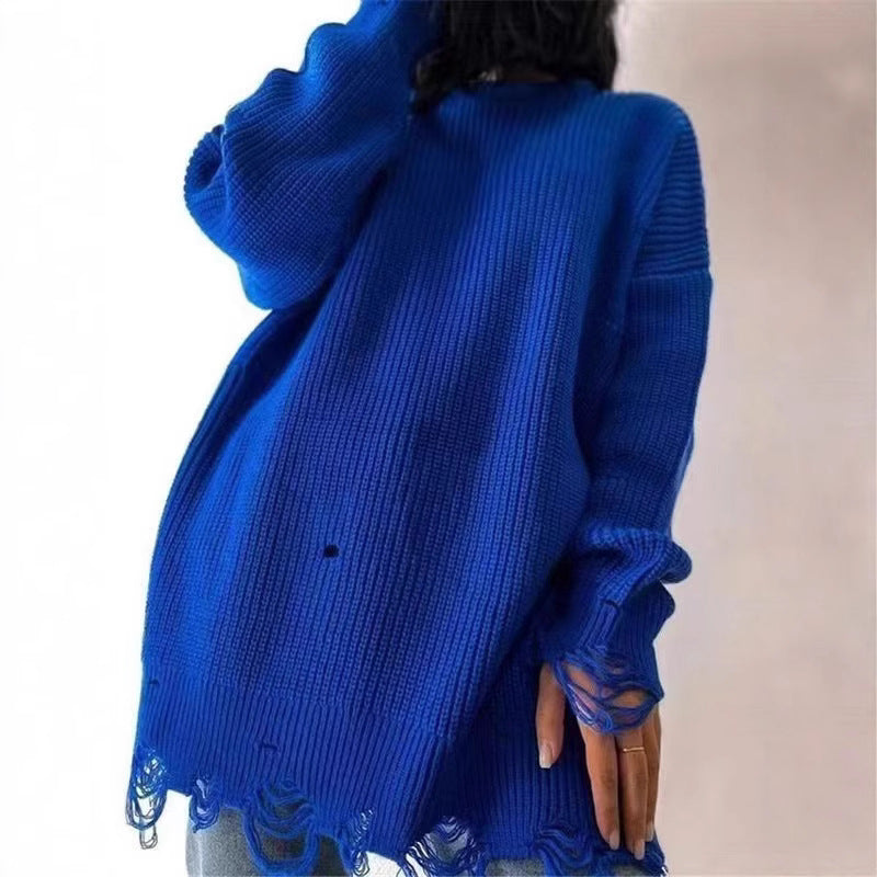 Dame Oversized Strik kjole med afslappet, frynset kant og moderne ribmønster Stilla