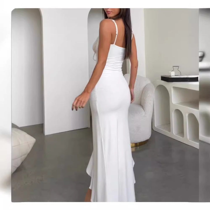Damer Elegant Maxi Kjole med Blonde Korsage og Asymmetrisk Kant Skovae