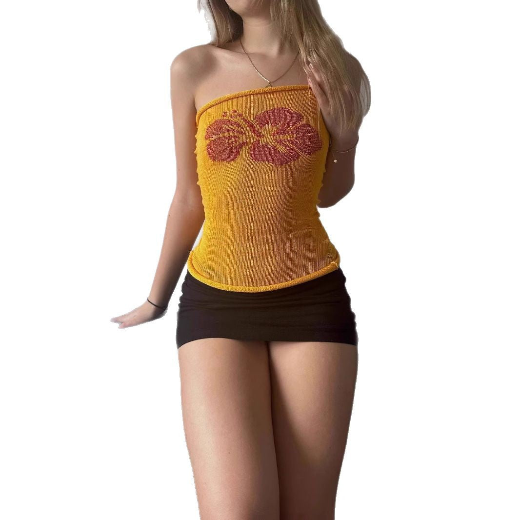 Dame Bandeau-top med blomsterdesign og elastisk strik Stilla