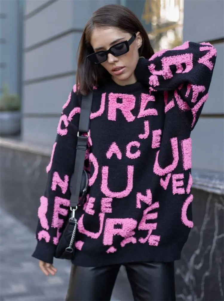 Dame Oversized Strikpullover med iøjnefaldende skrift og afslappet pasform Stilla