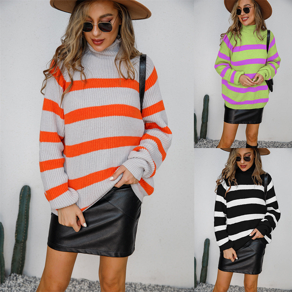 Kvinders afslappede højhalset sweater med fashionable stribemønstre og oversized pasform Stilla