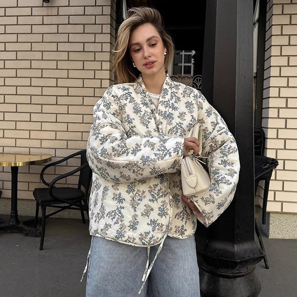 Damens quilted Jacquard cardigan med blomster mønster Stilla