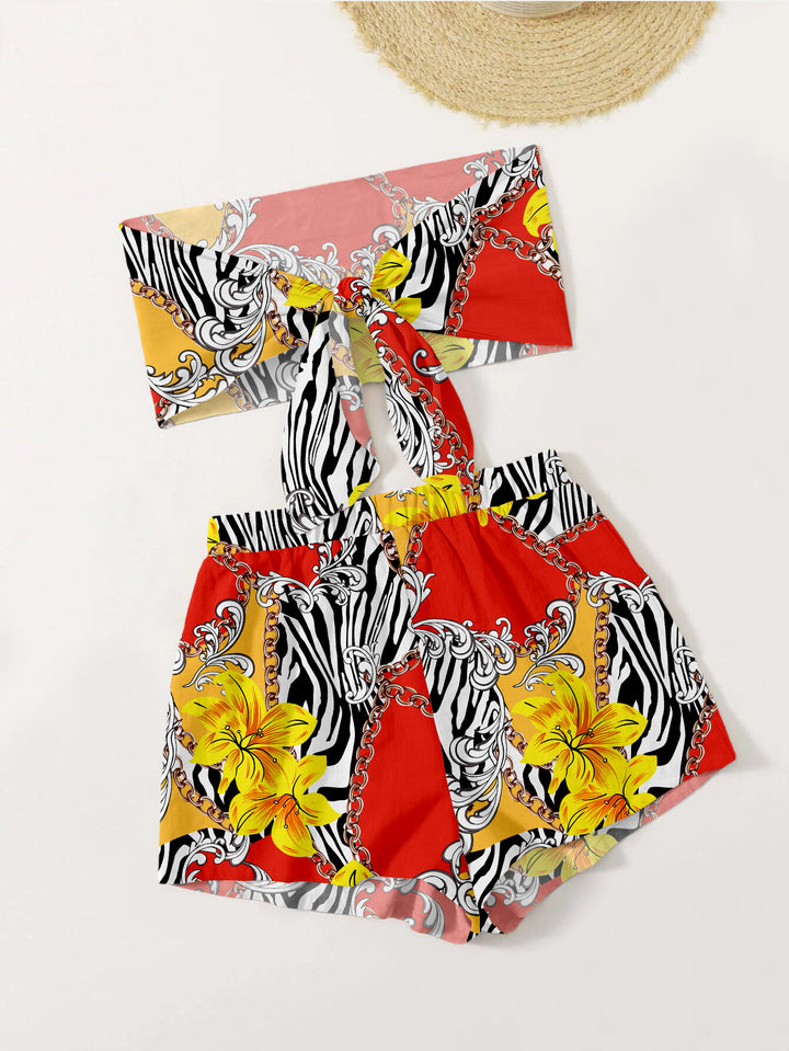 Dame mode bandeau-top og shorts-sæt med farverigt grafikdesign Stilla