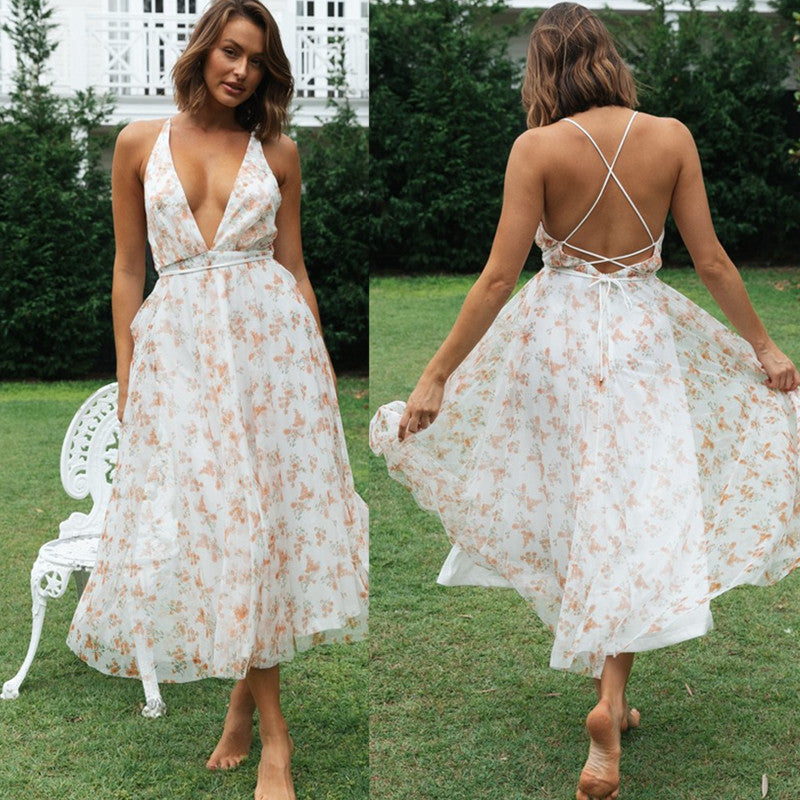 Kvinders Maxi Kjole med Dybt V-Hals og Flad Chiffon Stilla