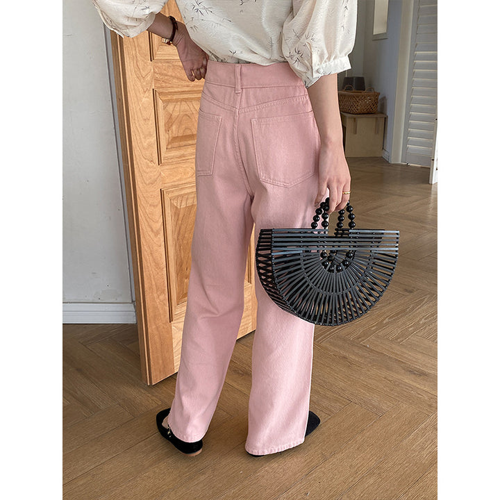 Kvindernes Casual Høj Talje Jeans med Bred Ben Stilla