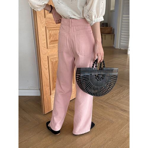 Kvindernes Casual Høj Talje Jeans med Bred Ben Stilla