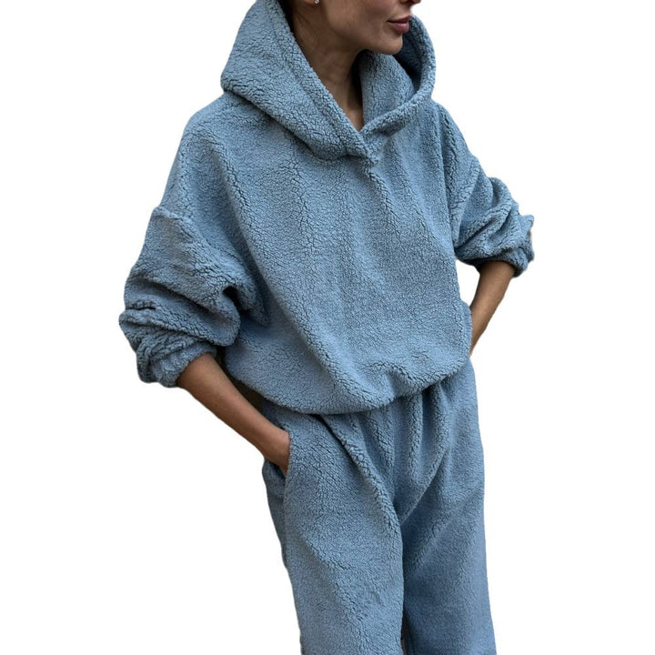 Kvinders fleece lounge wear sæt med elastisk talje og høj krave