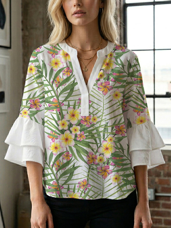 Damebluse med voluminøse flæseærmer og blomstermønster Skovae