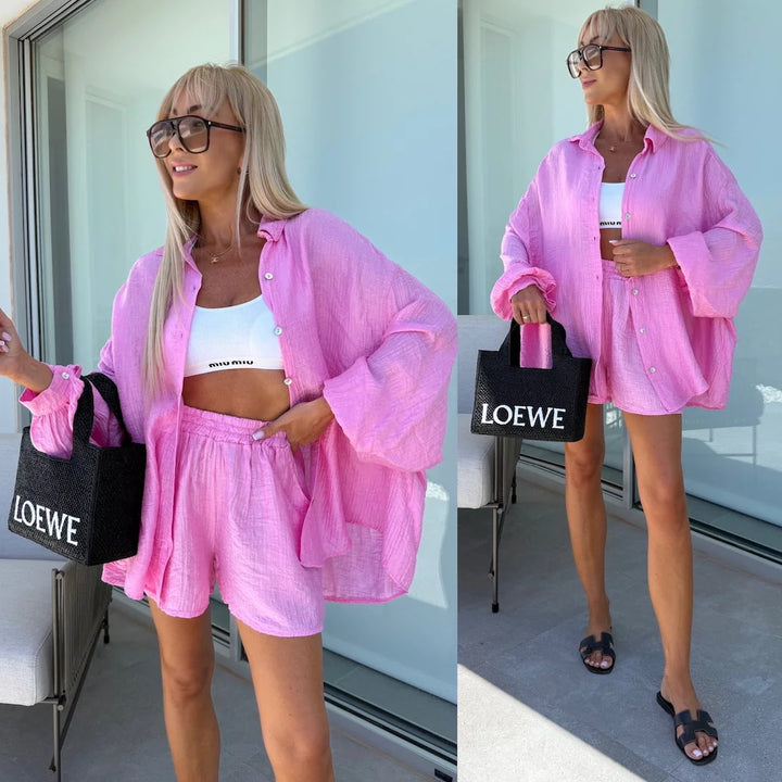 Kvinders Casual Kort Jumpsuit Sæt med Asymmetrisk Top og Elastisk Talje