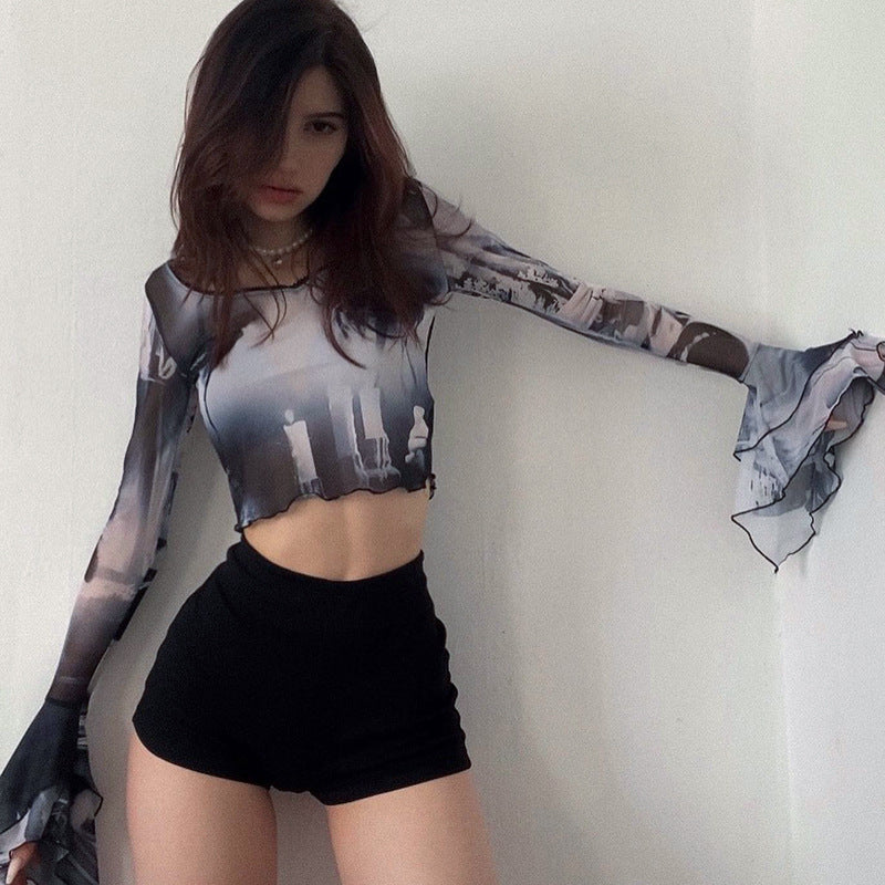 Dame Kunstnerisk Langærmet Crop-Top med klokkeærmer Stilla