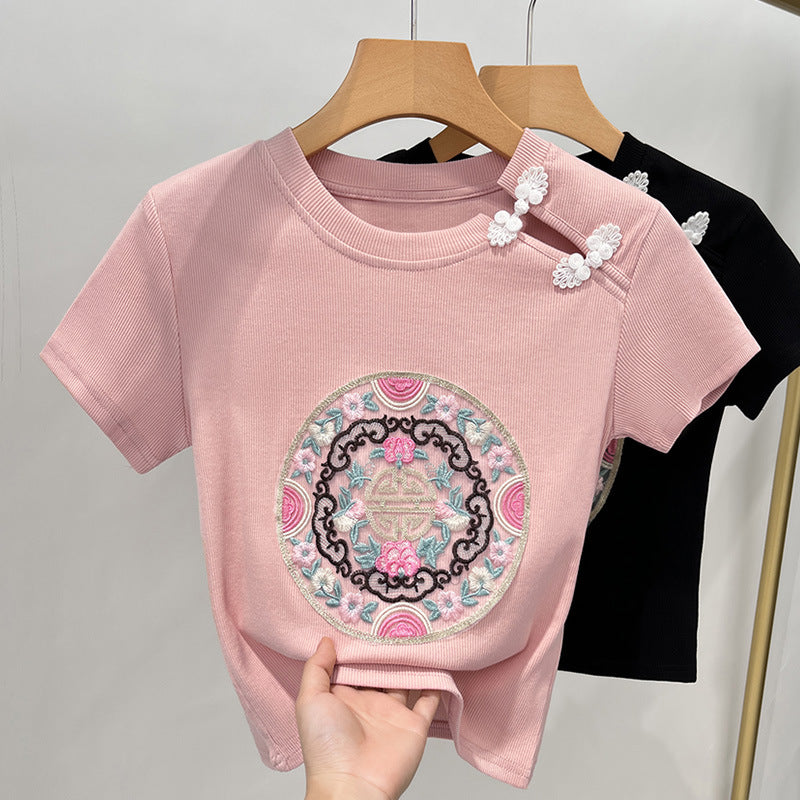 Damer kortærmet T-shirt med kunstnerisk broderi og moderigtigt krave Stilla