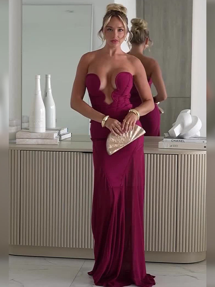 Dame gulvlængde aftenkjole med flæsedetaljer Stilla