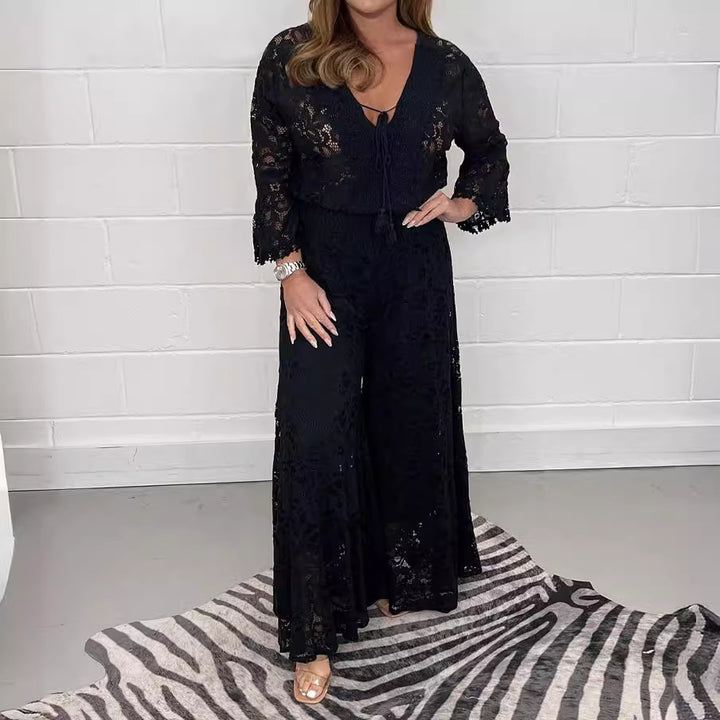 Dame Elegant spidse-outfit med bredt udfoldet bukseben og bindebånd Stilla