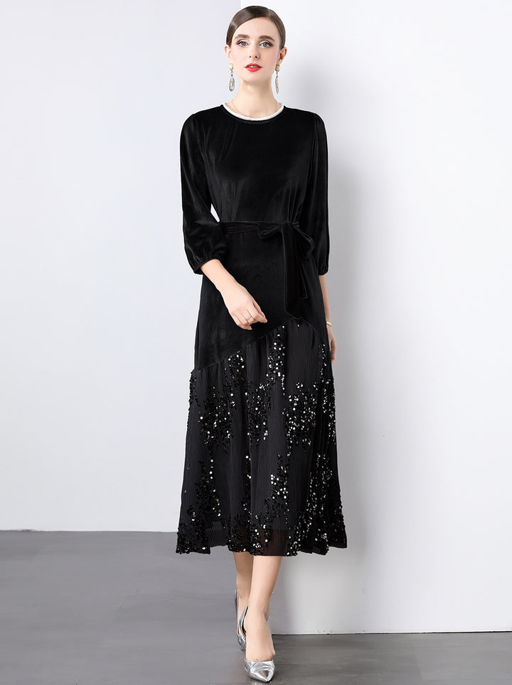 Dame Elegant maxikjole med glitrende velour og kunstneriske udsmykninger Stilla