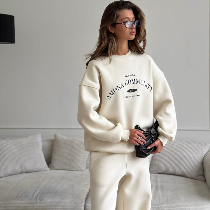 Kvinders afslappede oversized sweatshirt sæt med moderne bogstaver og elastisk taljeband