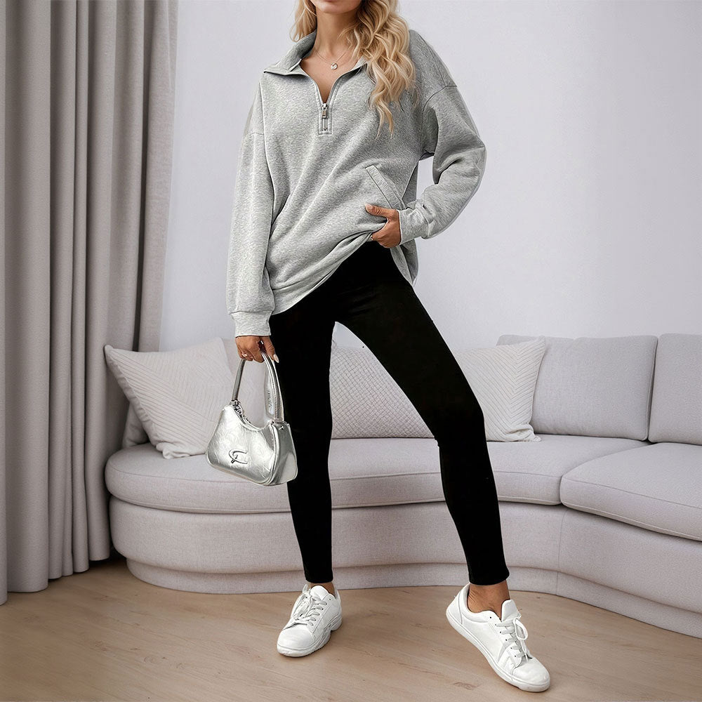 Dame casual sweatshirt med halv lynlås og praktiske lommer Stilla