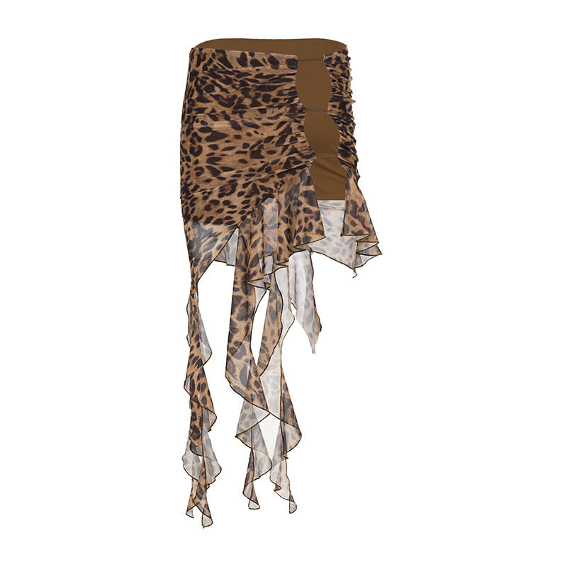Dame asymmetrisk leopardrygsæk med ruffles detaljer Skovae