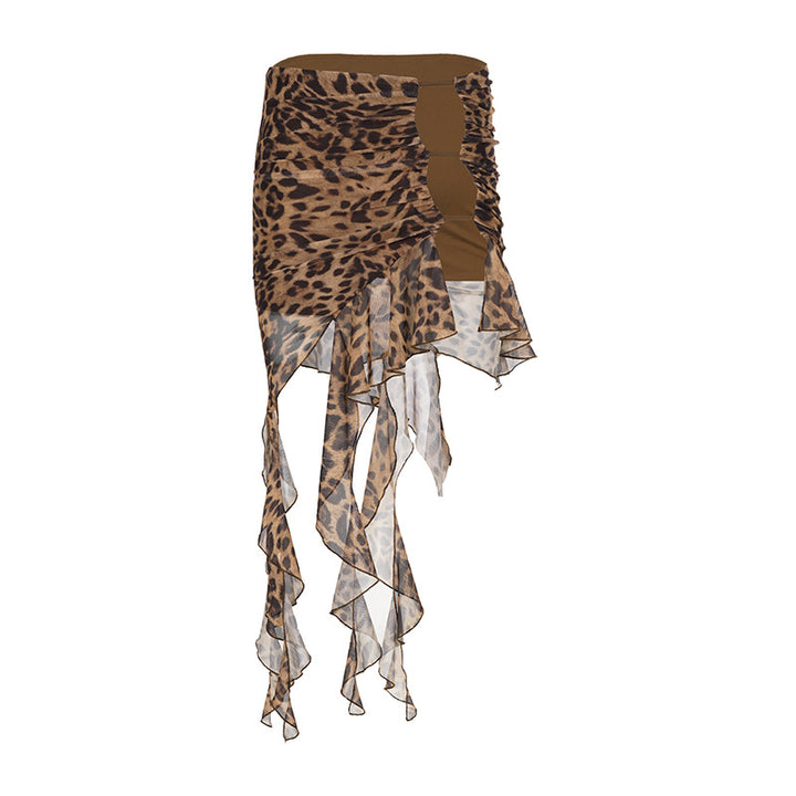Dame asymmetrisk leopardrygsæk med ruffles detaljer Skovae