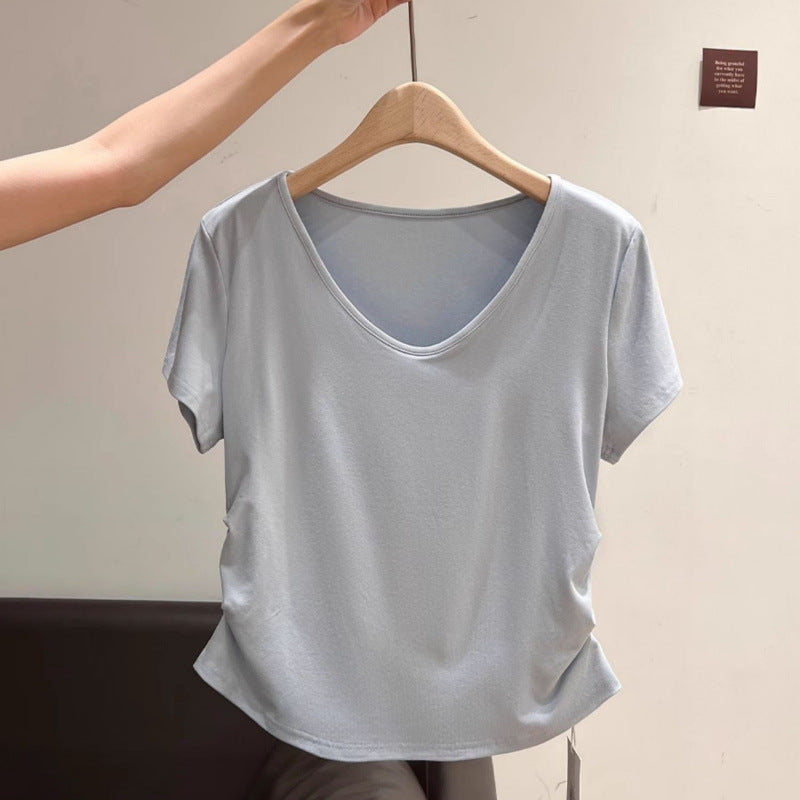 Femme Blødt V-hals Fritids T-shirt med rynkede sider Stilla
