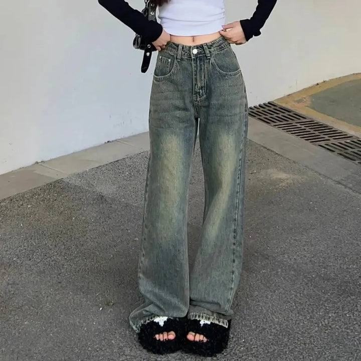 Kvinder Bred Skæring Høj Talje Denim Jeans Stilla